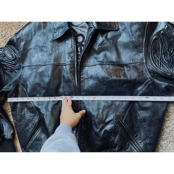 Pelle Pelle Marc Buchanan 90s Y2K Black Lthr Signature Emboss Coat Jacket sz 48 - Picture 16 of 16